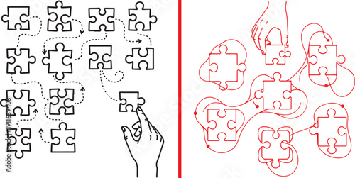 Thin line vector art featuring hands guiding puzzle pieces along dotted paths and looping red lines. It symbolizes strategic navigation, systematic problem-solving, and complex workflow management.
