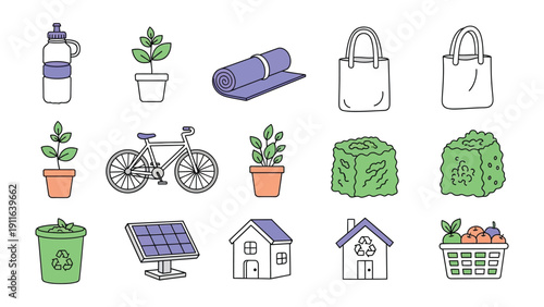 Eco-Friendly Icon Set: An assortment of sustainable living icons, thoughtfully composed to represent various environmental and eco-friendly elements, all in a stylish flat design.