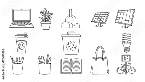 Sustainable Lifestyle Icons: A collection of minimalistic icons representing eco-friendly living, including a laptop, potted plant, compost, solar panel, reusable cup, recycling bin.