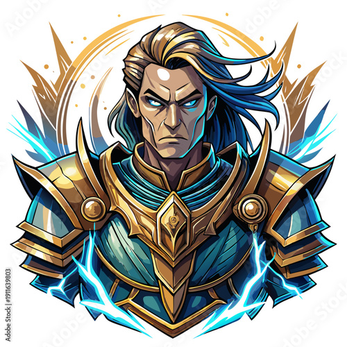 Very beautiful portrait of a heroic stormblade warrior, electric energy radiating courage and Strike, detailed fantasy style, clean white background for modern apparel.