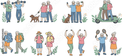 Set of flat vector illustrations featuring active seniors exercising walking dogs hiking dancing and riding a scooter for healthcare retirement planning and healthy elderly lifestyle marketing design