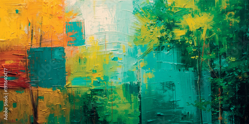 Abstract expressionist painting featuring vibrant colors and textured brushstrokes.