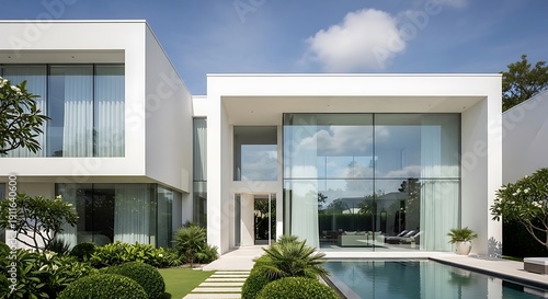 Reflective glass facade of luxurious contemporary white villa by pool