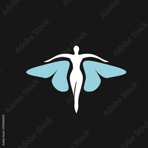 Minimalist Human Figure with Stylized Blue Wings on Dark Background Symbolizing Freedom and Transformation