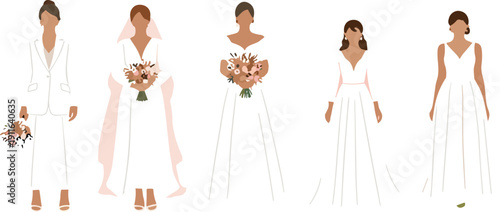 Modern bride and groom wedding outfit vector illustration set with elegant minimalist bridal fashion portraits