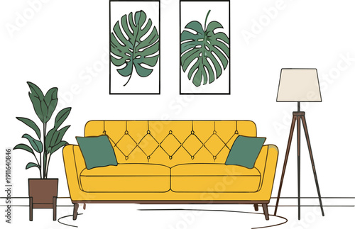 Modern living room interior vector illustration with yellow sofa houseplants and minimalist home decor design