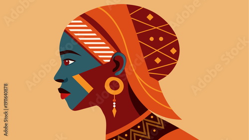 Stylized african woman portrait in profile with traditional headwrap and geometric patterns vibrant ethnic illustration on warm background