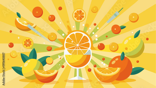 Fresh citrus cocktail with orange and lemon slices in bright summer sunshine burst illustration vibrant juicy fruit background