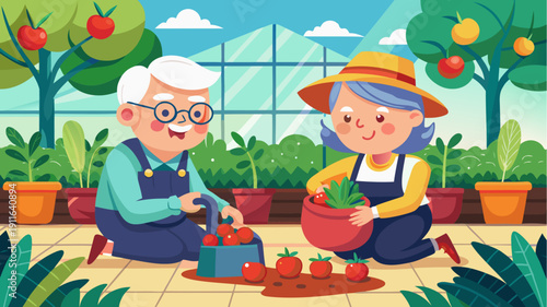 Smiling senior couple gardening in greenhouse harvesting fresh tomatoes colorful illustration with potted plants and homegrown vegetables