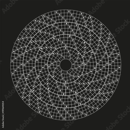 Sophisticated circular grids. Magnificent radial Vector. Incredible letter illustrations. Professional black backgrounds.