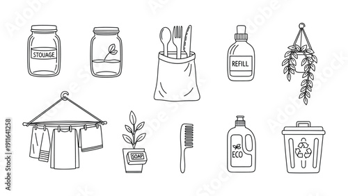 Zero Waste Essentials: Eco-friendly illustrations of essential items for a zero-waste lifestyle, promoting sustainability and conscious living.