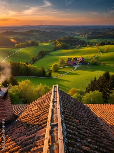 Rustic charm meets scenic vista, from rooftop view of rolling hillside meadows