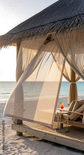 Seaside escape at a tropical cabana with refreshing cocktail and ocean view