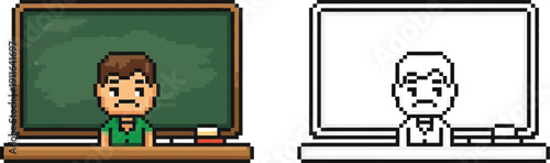Pixel art illustration of a teacher standing in front of a blackboard and a computer screen.