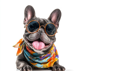dog on white background wearing glasses, summer concept
