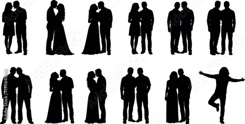 Collection of silhouettes featuring diverse couples in love, romantic poses, embracing pairs, and a happy man celebrating joy and togetherness.