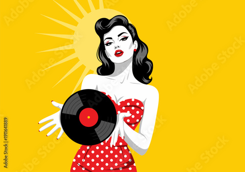 Retro Pin-up Girl Holding Vinyl Record - Vector Illustration with Sunburst