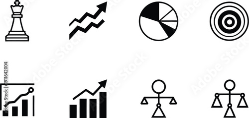 Business strategy icons featuring a chess king rising stock market charts a pie graph a target and figures balancing scales representing strategic planning and success goals