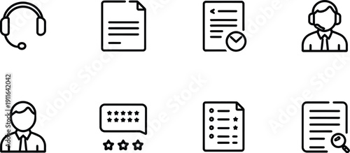 Set of black outline icons representing customer support services contact methods feedback review forms and user profiles for business applications