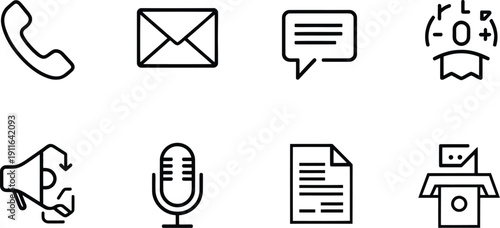 A collection of essential communication and media icons featuring a telephone handset, envelope, speech bubble, microphone, document, and megaphone for user interface design concepts.
