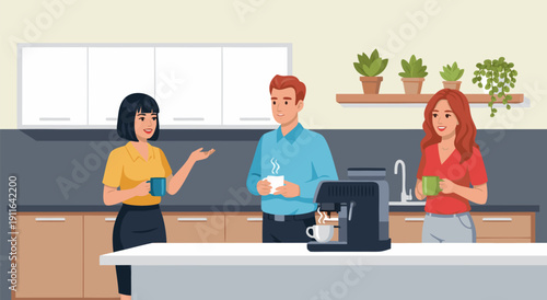 Office break time illustration A group of colleagues enjoying coffee from a coffee machine in a modern kitchen vector