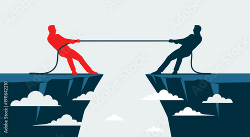 Two opposing figures, one red and one black, in a tug-of-war over a chasm in this vector illustration artwork