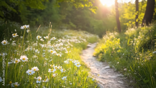 Wildflowers In Bloom Beside A Winding Trail Dappled In Sunlight During A Peaceful Spring Day