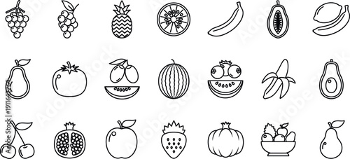 Minimal line illustration collection of fresh fruits including grapes, pineapple, citrus, banana, watermelon, pear, cherry, apple, and avocado