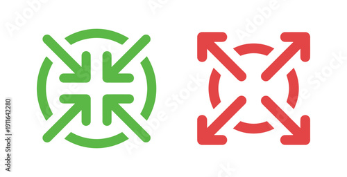 Green minimize and red maximize icons with arrows, representing zoom and screen adjustment