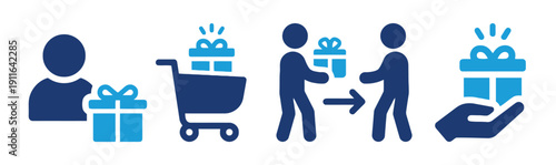 Gift giving process icons set depicting person receiving present, shopping cart with gifts, exchange and hand offering box