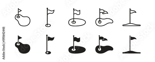Golf flag icons collection showing hole position for sports recreation
