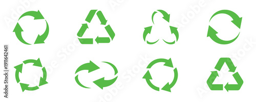 Green recycling symbol icons variations for environmental design