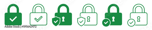 Green security lock icons with check marks and shields