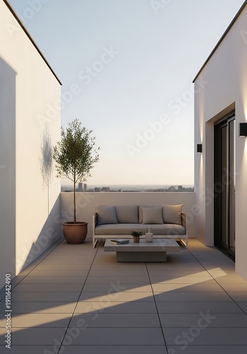 Stylish terrace view with comfortable sofa and elegant minimalist design