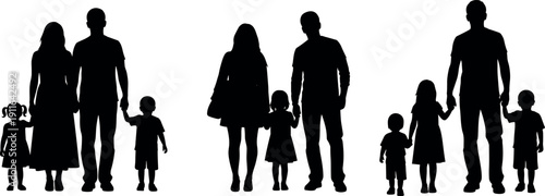 Set of Flat Family Silhouettes Including Parents with Children and Toddlers Standing Together for Minimalist Vector Illustration and Graphic Design