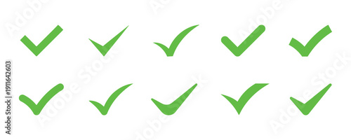 Green check mark icons in different styles and orientations for confirmation and verification graphic elements