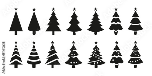 Group of diverse black silhouette christmas trees for holiday decoration