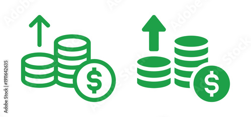 Green coin stacks with upward arrows indicating financial increase and investment