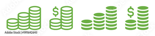 Green coin stacks showing financial growth and increasing value, money finance concept