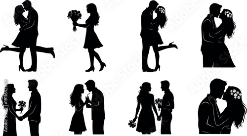 Romantic Silhouette Collection of Couples in Love Featuring Romantic Dates Kissing Proposals Flowers and Joyful Moments for Valentines Day and Weddings