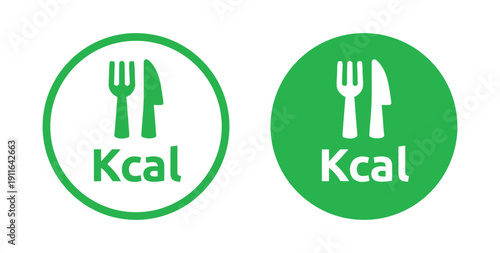 Green circle with cutlery and kcal symbol for food energy, healthy eating icon