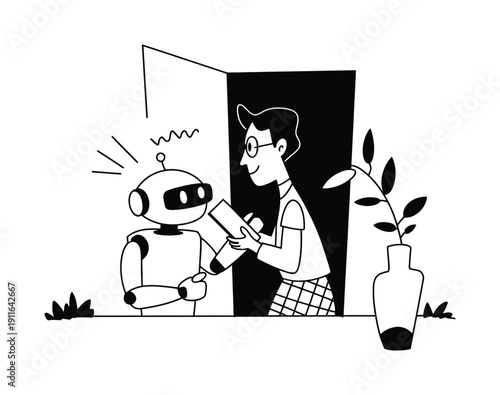 A friendly robot delivers a package to a smiling person at the door