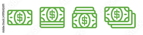 Green dollar bill stack icons for financial and banking concepts