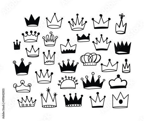A Collection of Hand-Drawn Crown Illustrations in Various Styles