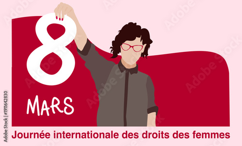 Encart internet pour célébrer le 8 mars, journée de la femme. Illustration avec la silhouette d'une femme portant des lunette et tenant un 8 dans sa main sur fond rouge