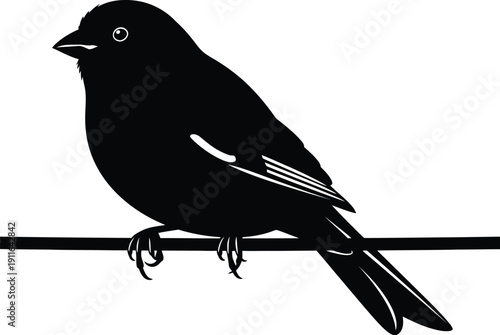 Black bird silhouette perched on wire, illustration of animal in natural environment, viewed from side