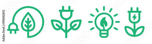 Green line art icons representing energy and eco friendly power sources like electricity and light bulbs