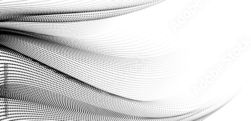 Abstract black and white halftone flowing wave with dotted mesh pattern – dynamic monochrome vector background.