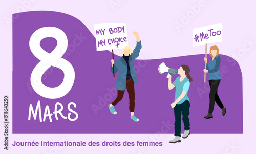 Groupe de femmes manifestants avec des pancartes et un mégaphone pour la journée internationale des droits des femmes, le 8 mars. Illustration vectorielle avec des silhouettes dans les tons violet