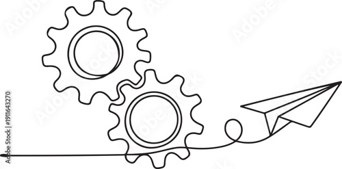 Gears wheels and paper plane in one continuous line drawing.one line icon illustration with white background